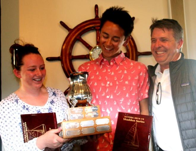 Joseph Hou (c.) and crew Skylar Jacobsen admire their Shadden Series trophy with namesake John Shadden - SCYA's E.E. Manning Regatta – Shadden Series © Rich Roberts http://www.UnderTheSunPhotos.com